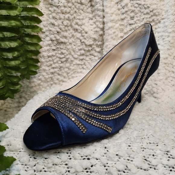 Caparros Womens Oz Peep Toe Classic Pumps, Blue Satin w/Silver Rhinestones 5.5M - Picture 1 of 16